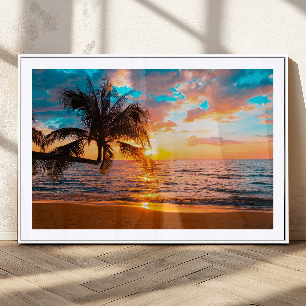 34674-MGV-CV-36X24-Tropical Sunset Beach Wall Art – Palm Tree Ocean Canvas Print, Coastal Seascape Decor for Living Room or Office Wall