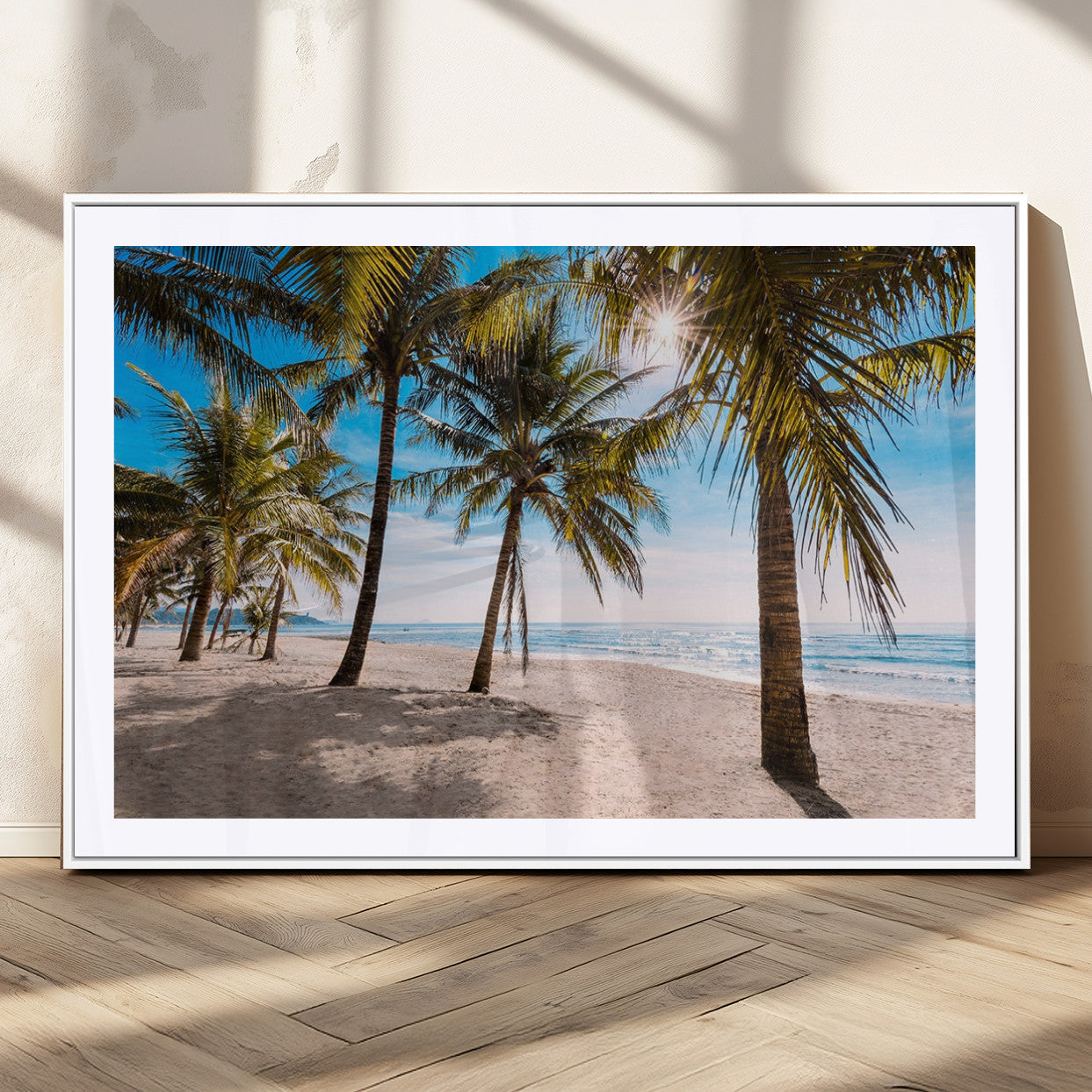 98175-MGC-FP-36x24_White-Tropical Palm Beach Wall Art – Relaxing Ocean Shore Canvas Print with Palm Trees, Coastal Summer Decor for Living Room, Bedroom or