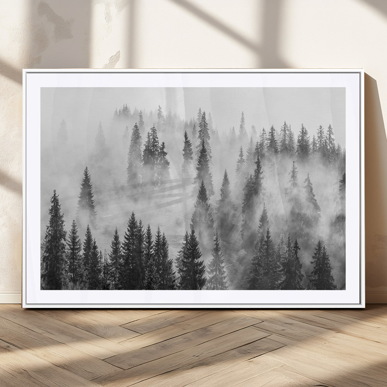 10422-MGV-CV-36X24-Misty Pine Forest Wall Art – Black and White Foggy Landscape Canvas Print, Serene Nature Woodland Decor for Bedroom, Office or