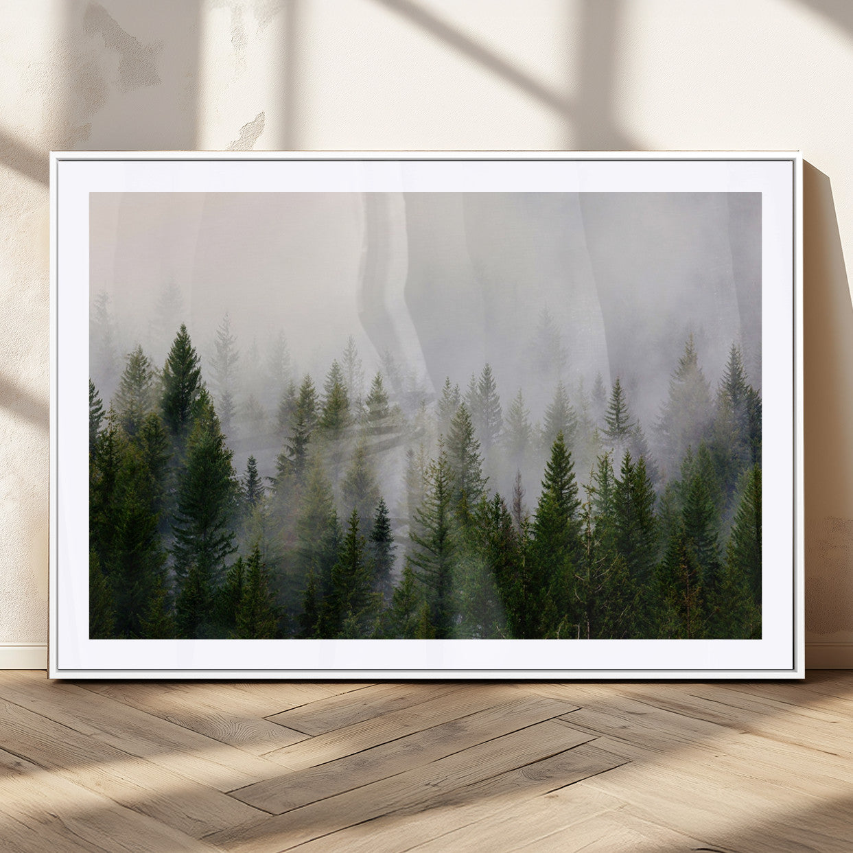 11436-MGV-CV-36X24-Misty Forest Wall Art – Tranquil Evergreen Tree Canvas Print with Foggy Landscape, Nature Inspired Artwork for Bedroom, Living