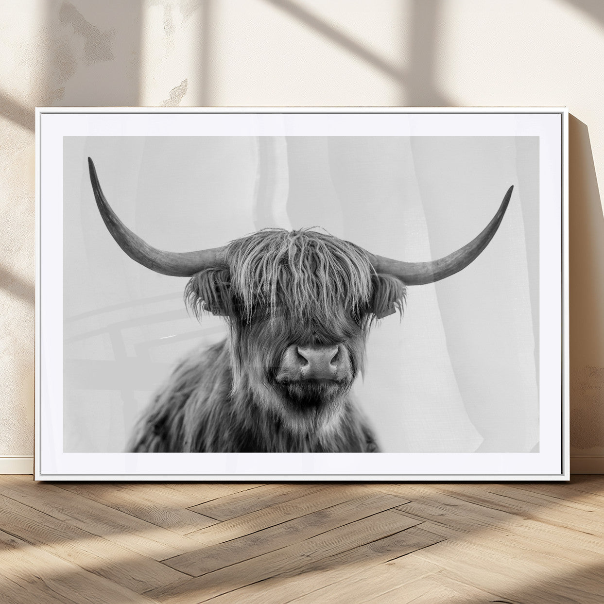 10123-MGV-CV-36X24-Black and White Highland Cow Wall Art – Modern Farmhouse Animal Print, Rustic Scottish Bull Canvas Decor for Living Room, Bedroom,