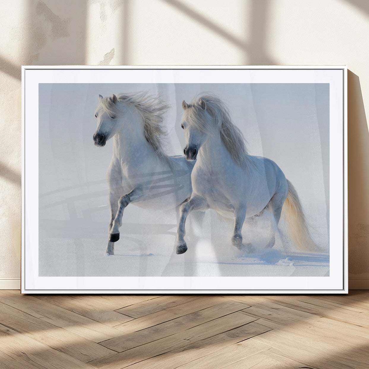 80145-MGC-FP-36x24_White-White Horses Running Snow Wall Art – Majestic Equine Canvas Print, Winter Nature Photography Decor for Living Room, Office,