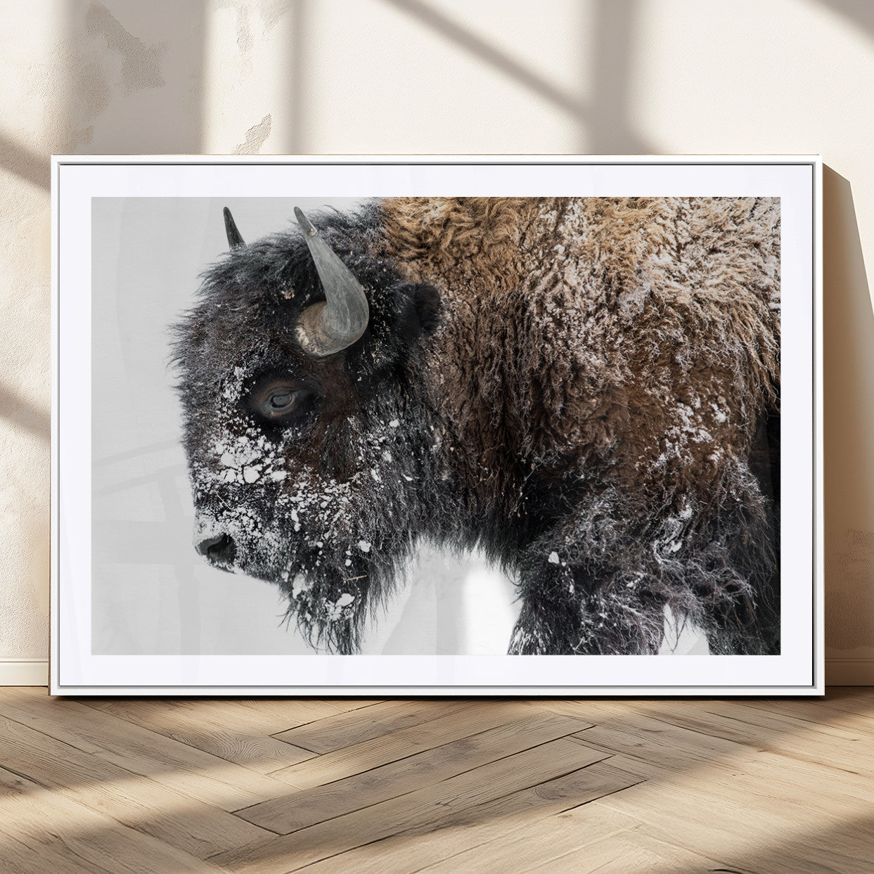 24304-MGC-FP-36x24_White-Bison Wall Art Canvas Print, Framed Winter Bison Art Picture Print, Snowy Buffalo Perfect Rustic Farmhouse Decor Artwork