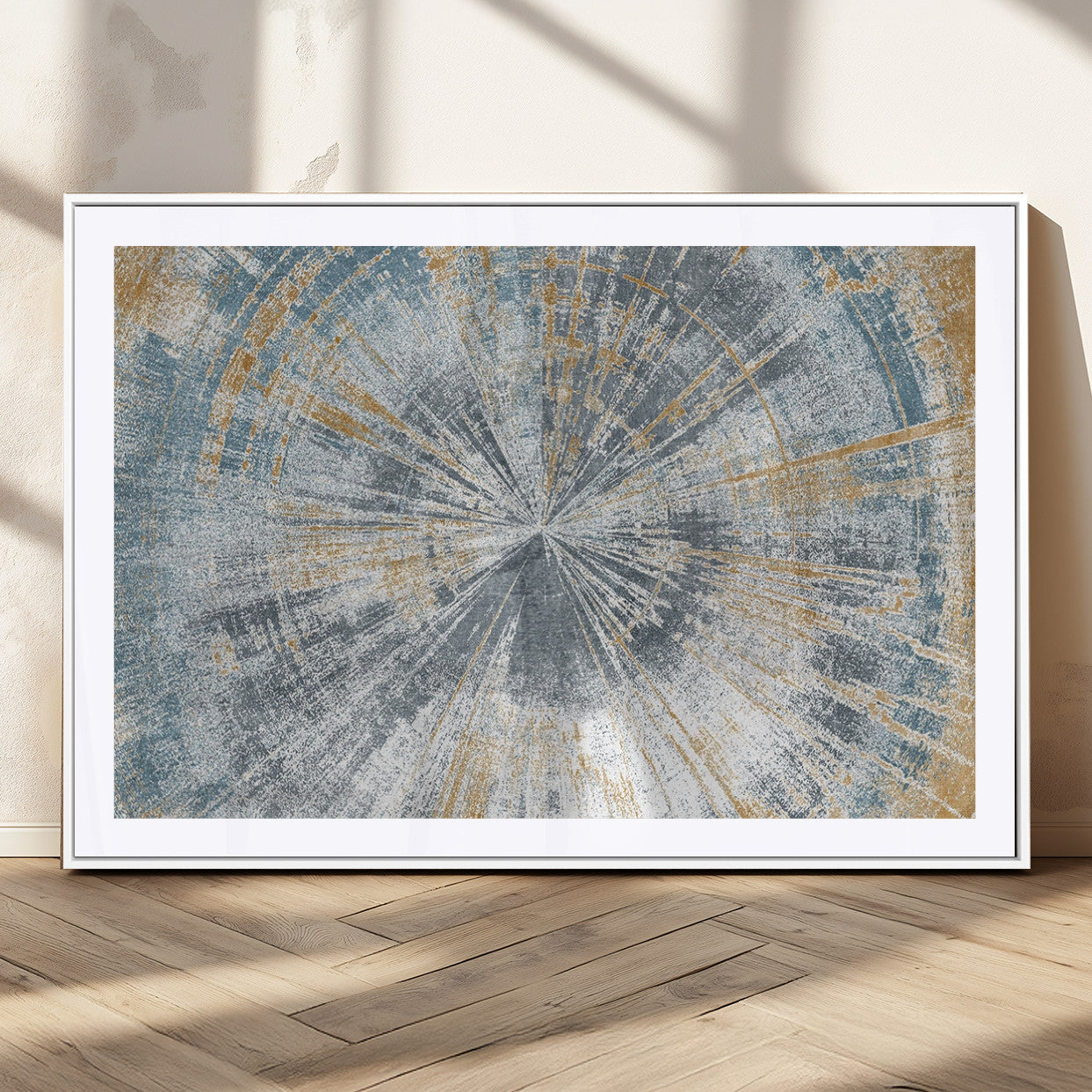 17631-MGV-CV-36X24-Radiant Burst Wall Art – Abstract Sunburst Canvas Print in Blue and Gold, Modern Geometric Painting for Living Room, Office or