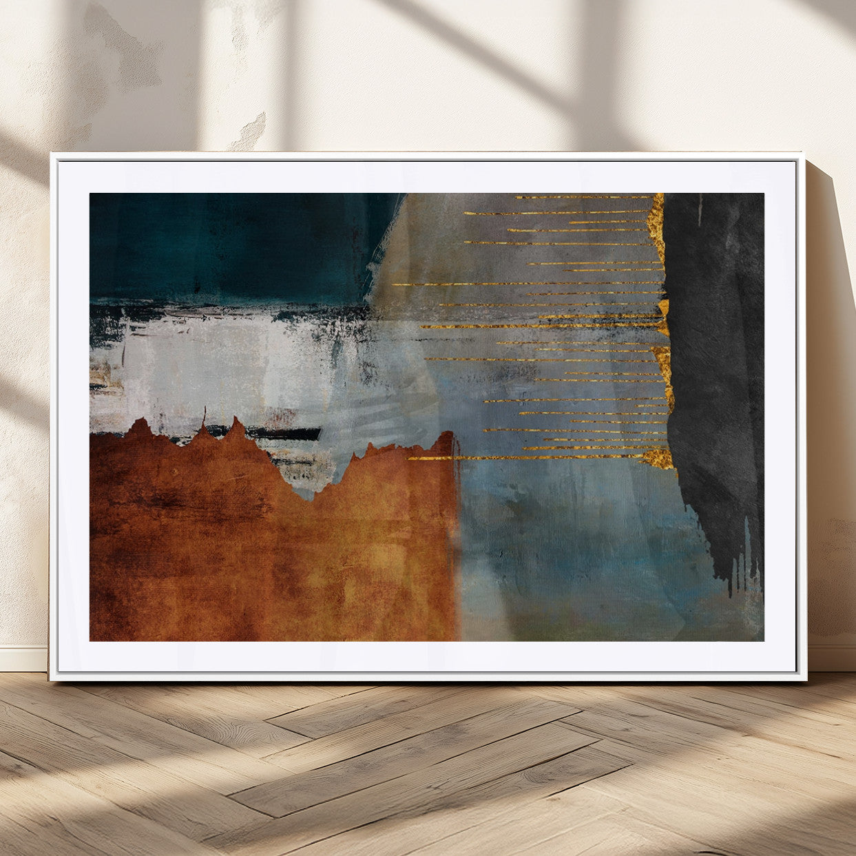 35026-MGC-FP-36x24_White-Abstract Canvas Wall Art – Modern Teal, Rust, Black and Gold Textured Painting, Contemporary Decor for Living Room, Bedroom or