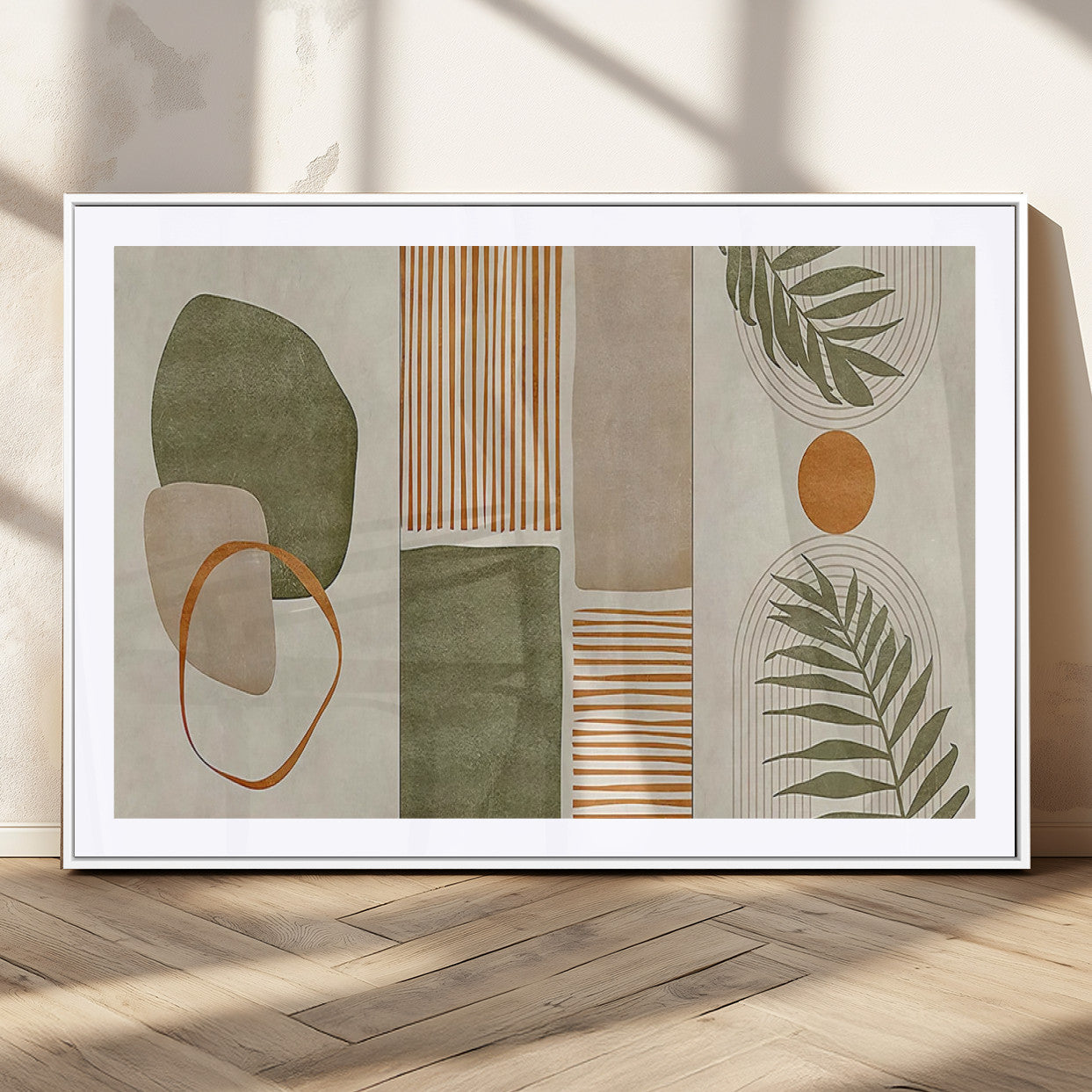 96002-MGC-FP-36x24_White-Abstract Geometric Wall Art – Modern Canvas Print with Green, Orange & Beige Shapes, Minimalist Home Decor for Living Room, Office