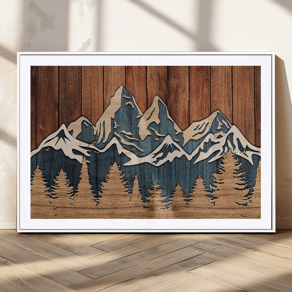 41330-MGC-FP-36x24_White-Rustic Mountain Wall Art – Wooden Nature Scene with Trees and Peaks, Handmade 3D Layered Decor for Living Room, Cabin or Office
