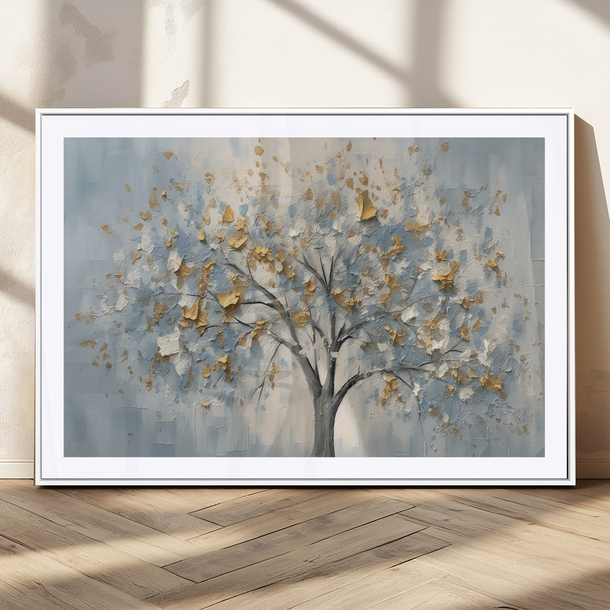 65811-MGV-CV-36X24-Abstract Tree Wall Art – Textured Canvas Painting with Gold and White Leaves, Modern Nature Inspired Decor for Living Room or
