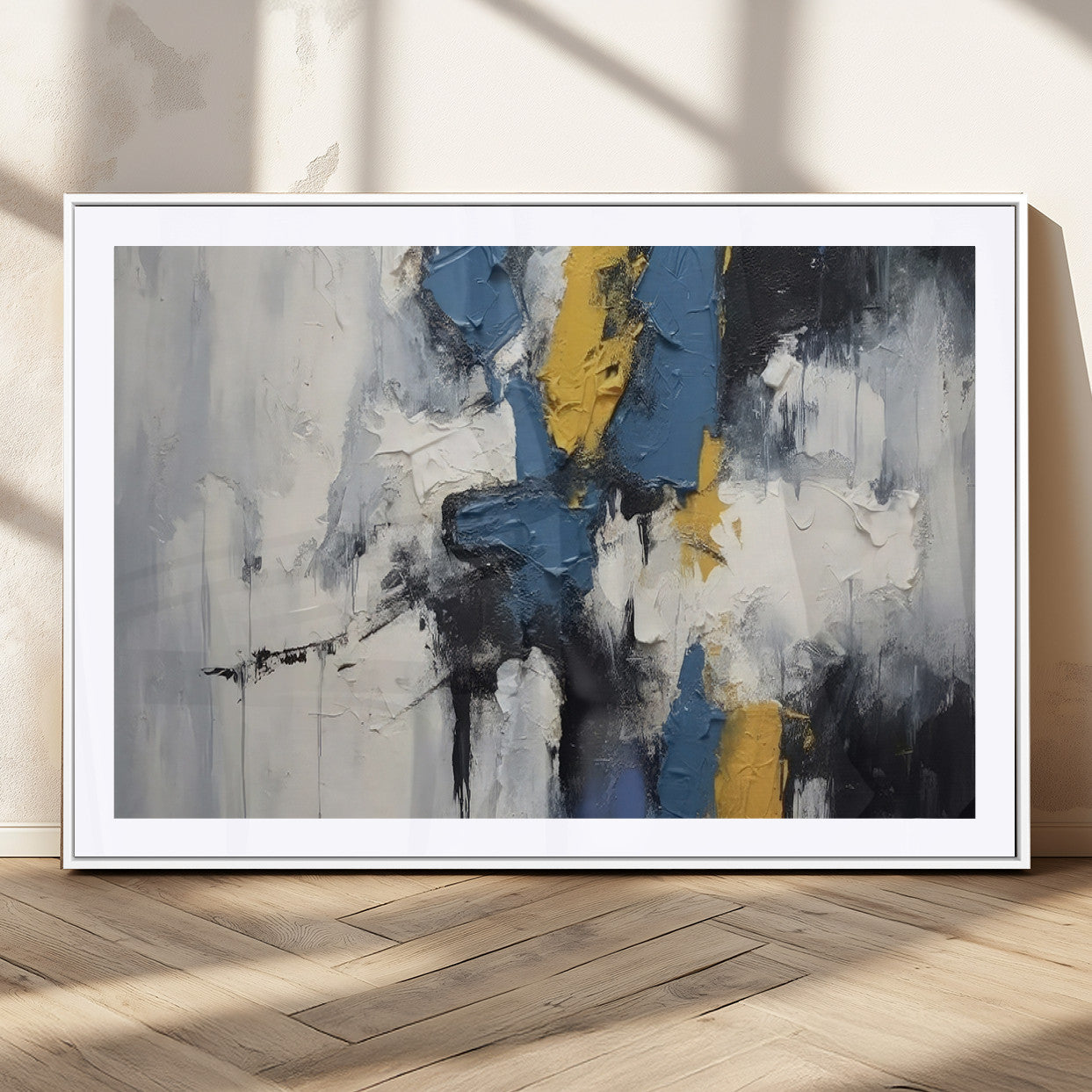 63850-MGC-FP-36x24_White-Abstract Blue and Yellow Wall Art – Modern Textured Canvas Painting, Bold Contemporary Artwork for Living Room, Bedroom or Office