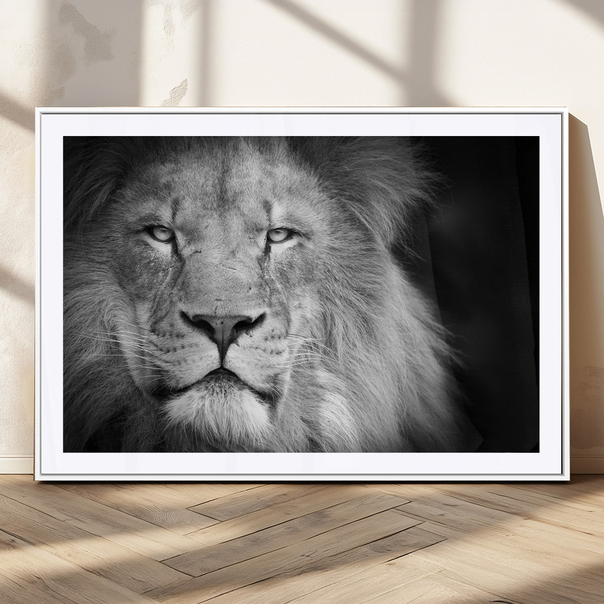 94453-MGC-FP-36x24_White-Lion Portrait Wall Art – Black and White King of the Jungle Canvas Print, Safari Wildlife Decor for Office, Bedroom, or Living