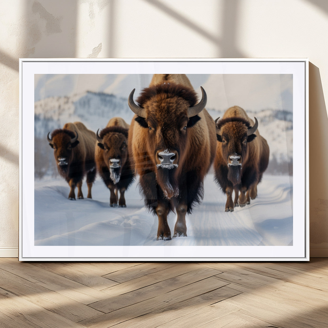 56701-MGC-FP-36x24_White-Bison Herd Wall Art – Buffalo Walking in Snowy Mountains Canvas Print, Rustic Wildlife Decor for Cabin, Lodge, or Living Room