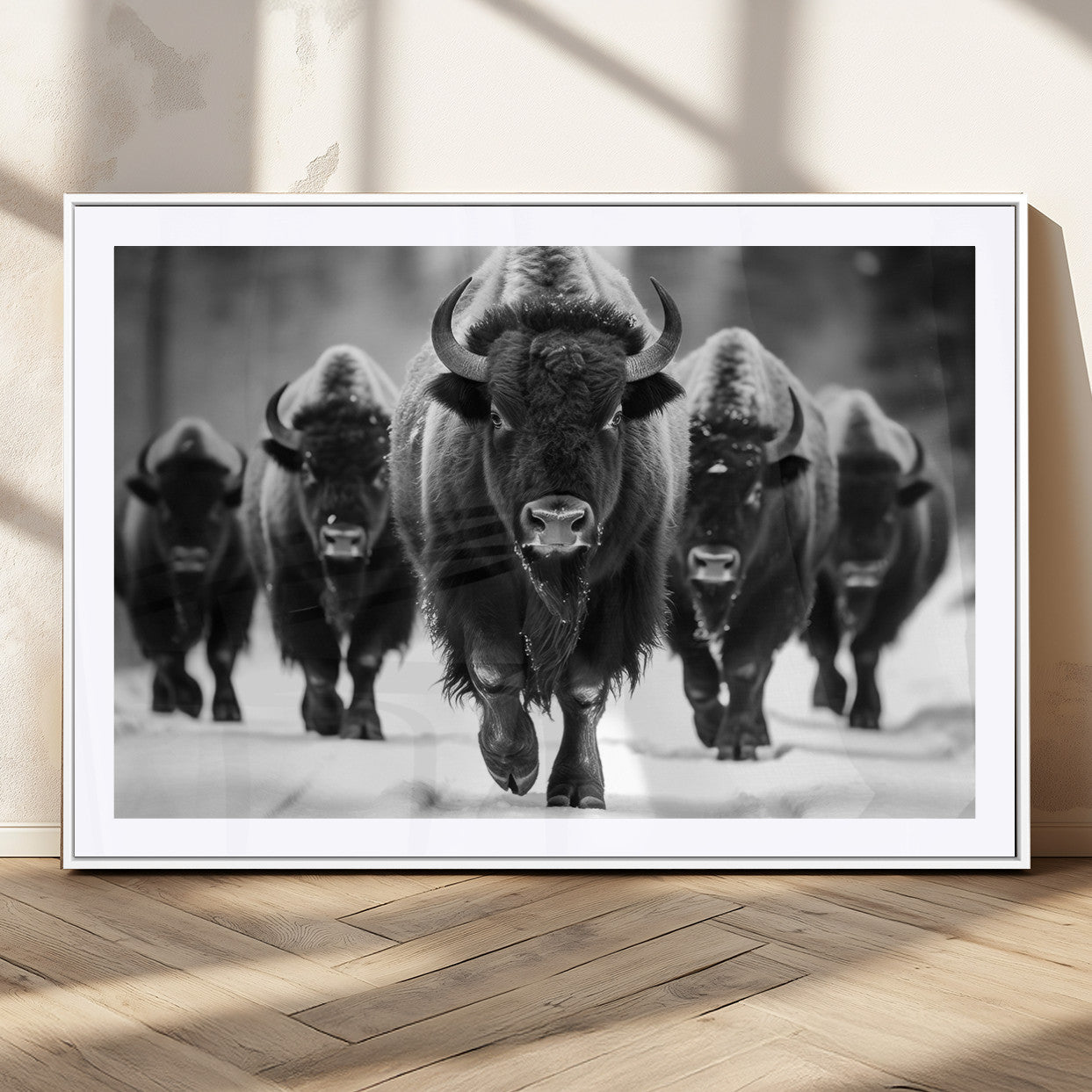 79872-MGC-FP-36x24_White-Bison Herd Wall Art – Black and White Buffalo on Snow Canvas Print, Rustic Wildlife Decor for Lodge, Cabin, or Living Room
