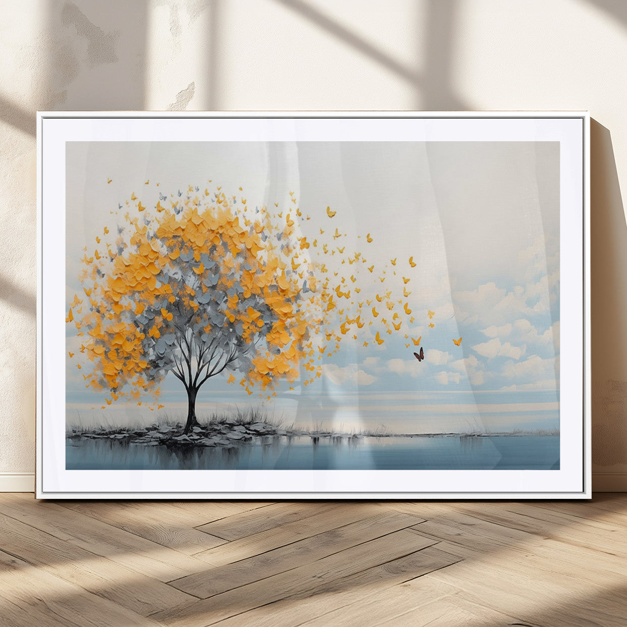 23385-MGC-FP-36x24_White-Golden Butterfly Tree Wall Art – Abstract Yellow and Gray Canvas Print, Modern Nature Artwork for Living Room, Bedroom or Office