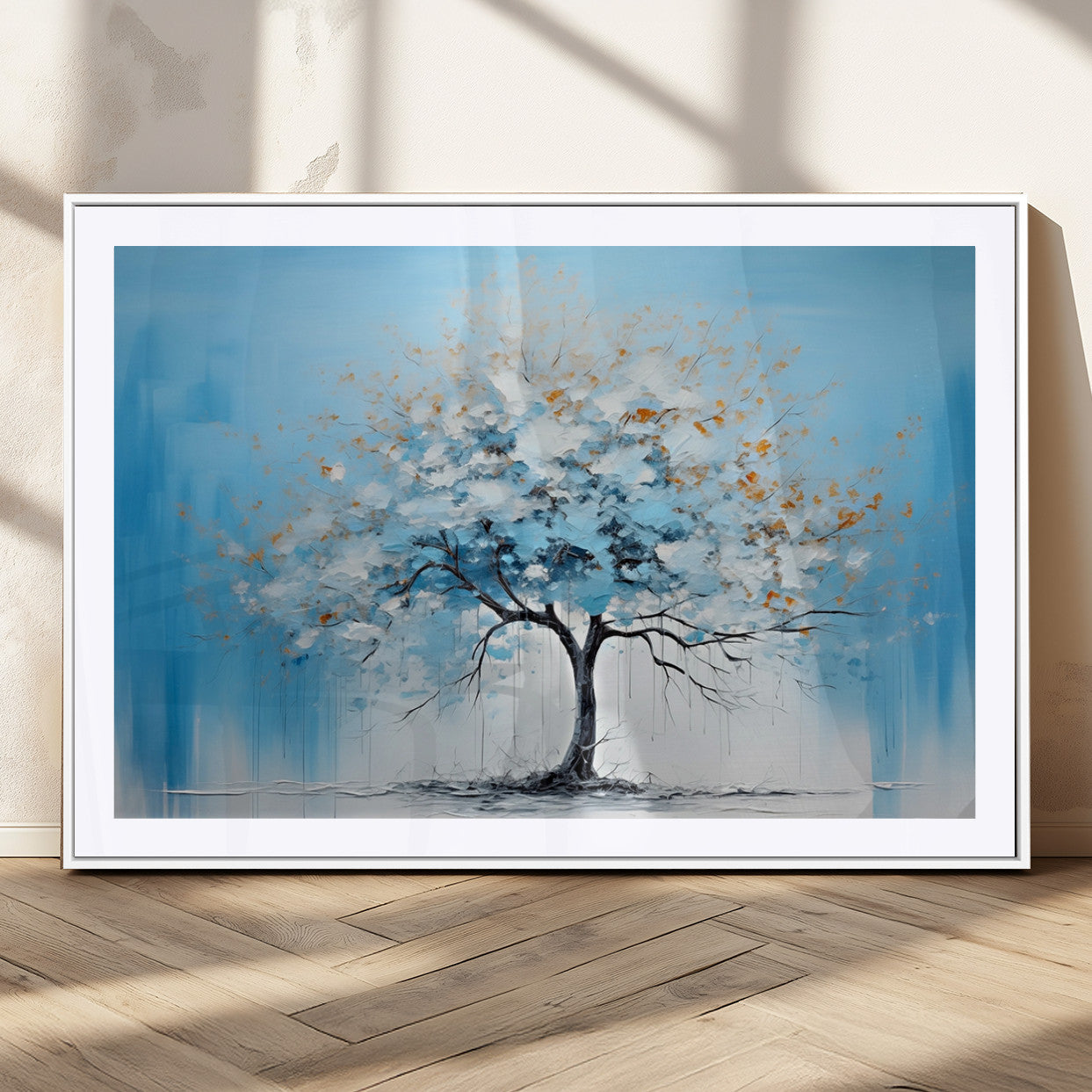 25021-MGC-FP-36x24_White-Abstract Tree Wall Art – Blue and White Canvas Painting with Gold Accents, Modern Nature-Inspired Artwork for Living Room, Bedroom
