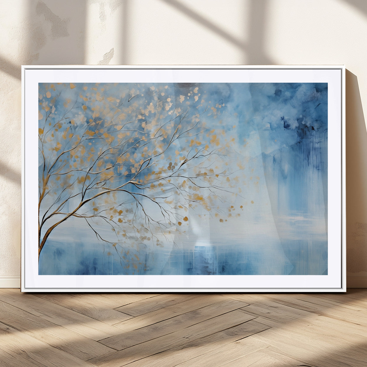 23891-MGC-FP-36x24_White-Abstract Tree Wall Art – Minimalist Blue and Gold Canvas Painting, Elegant Nature-Inspired Artwork for Living Room, Bedroom or