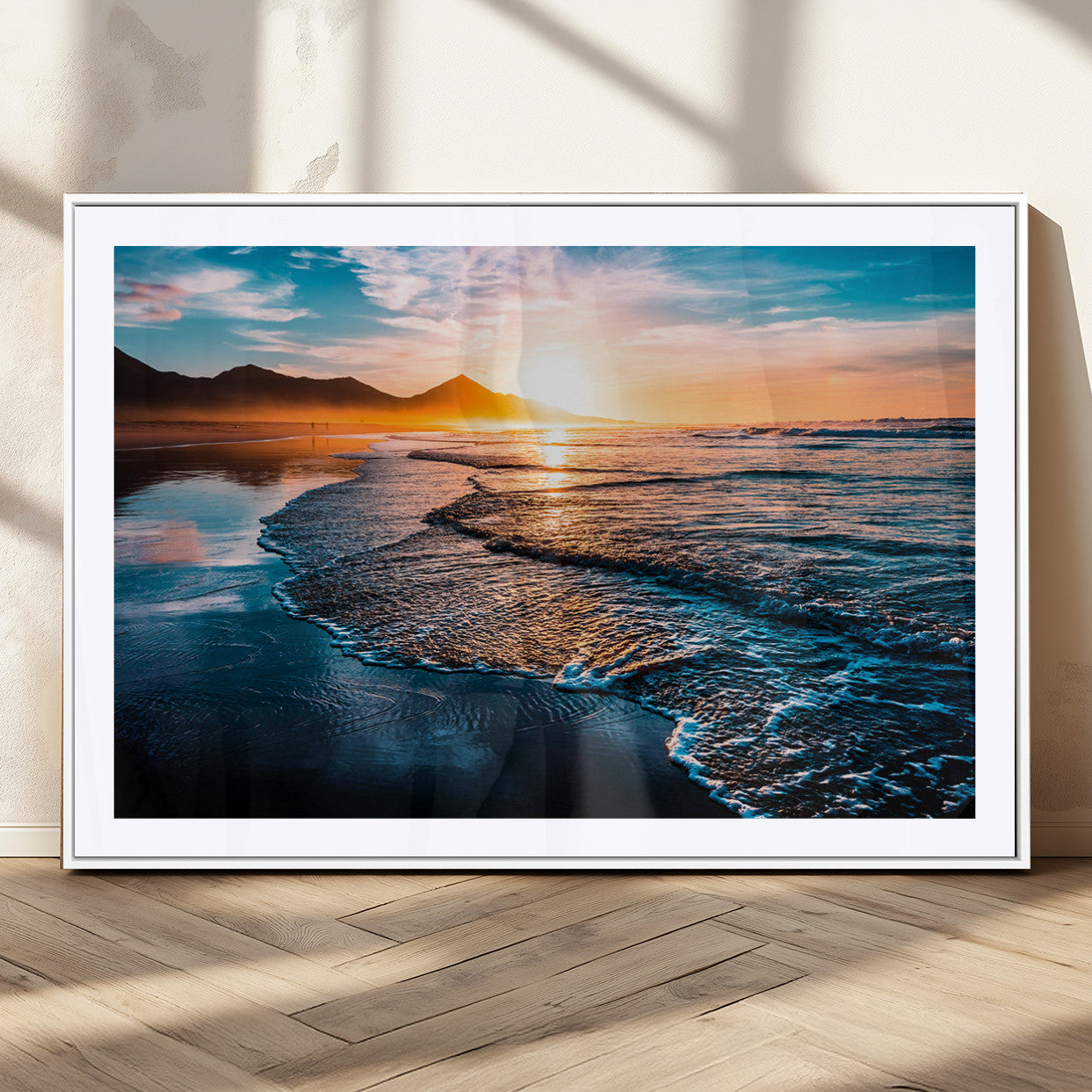 26494-MGC-FP-36x24_White-Ocean Sunset Wall Art – Scenic Beach Canvas Print with Waves and Mountains, Coastal Seascape Photography for Living Room, Bedroom