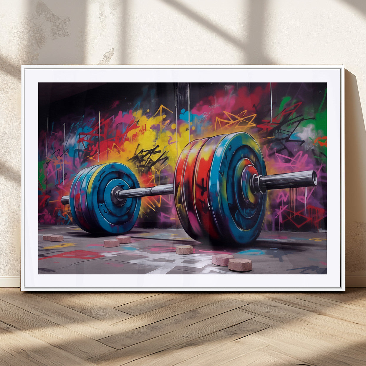 13549-MGC-FP-36x24_White-Graffiti Gym Wall Art Canvas Print, Framed Graffiti Barbell Art Picture Print, Weightlifting Perfect Fitness Studio Decor Artwork