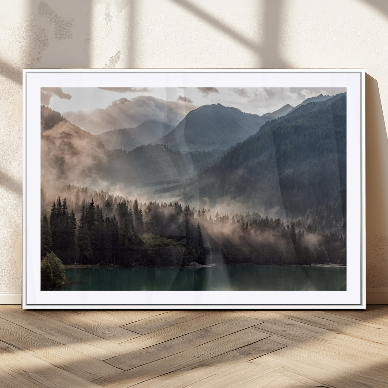 61116-MGC-FP-36x24_White-Misty Mountain Lake Wall Art – Tranquil Foggy Forest and Lake Canvas Print, Scenic Nature Landscape Decor for Living Room or
