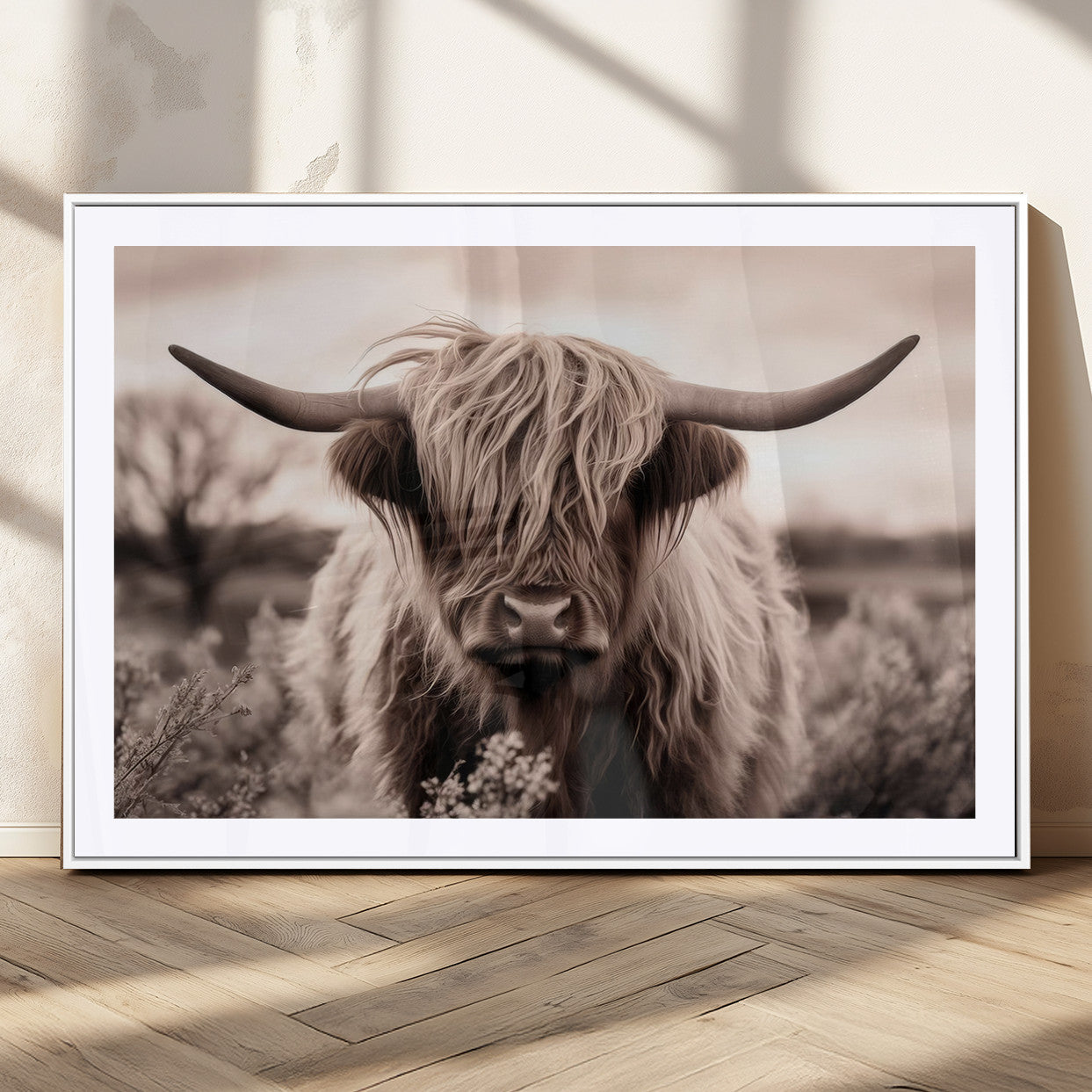 55903-MGC-FP-36x24_White-Highland Cow Wall Art – Rustic Sepia Scottish Highland Bull Canvas Print, Farmhouse Country Animal Decor for Living Room, Bedroom