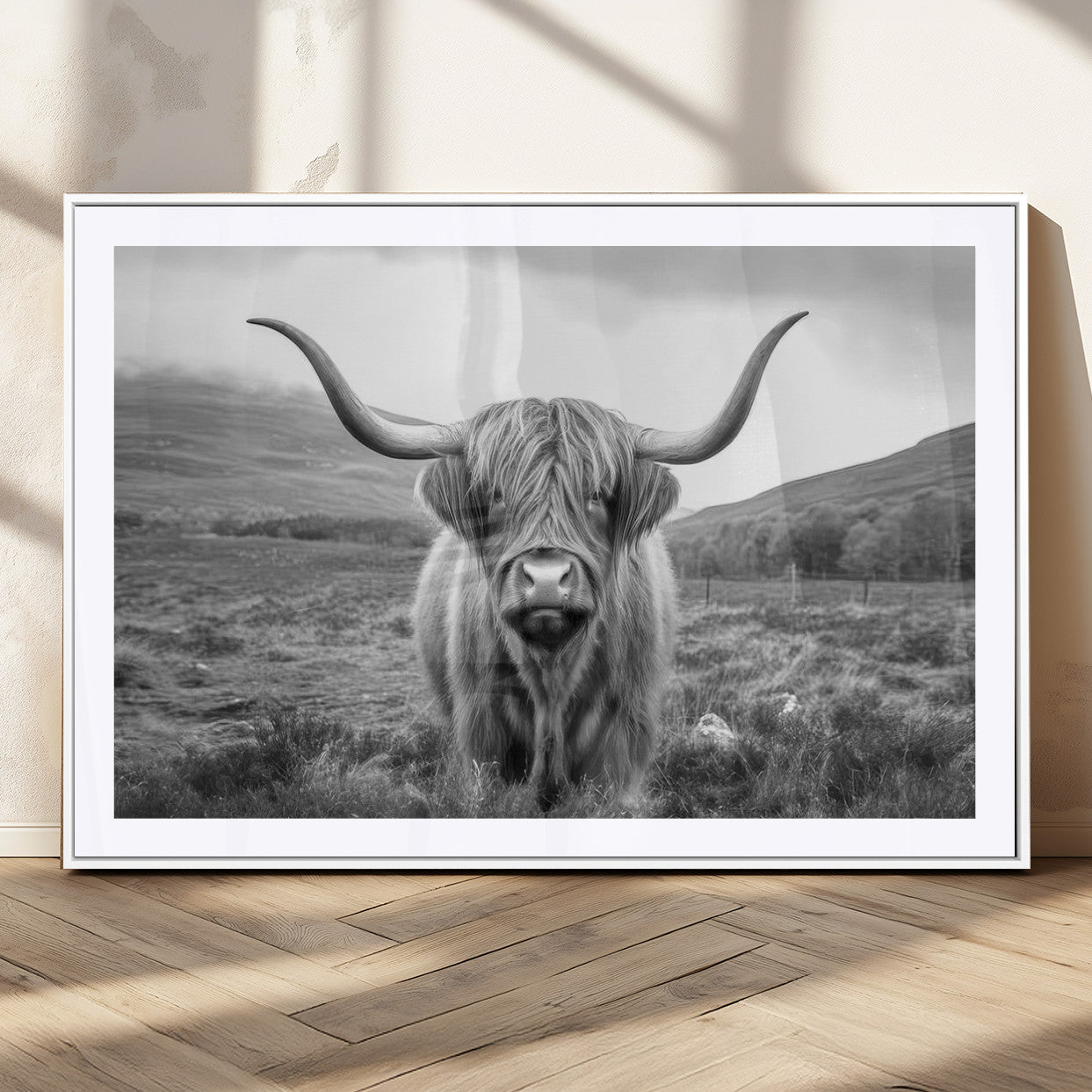 52903-MGC-FP-36x24_White-Highland Cow Wall Art – Black and White Canvas Print Rustic Cattle Portrait, Farmhouse Country Decor for Living Room, Office,