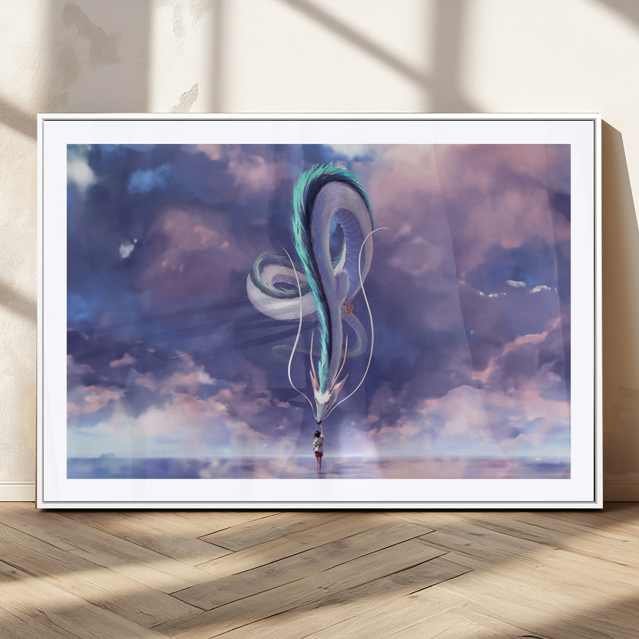 66864-MGV-CV-36X24-Fantasy Dragon Wall Art – Mystical Canvas Print Girl and Sky Serpent Dreamlike Clouds, Magical Anime Inspired Decor for Living