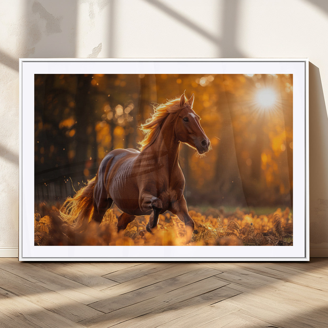 92144-MGC-FP-36x24_White-Sunset Horse Wall Art Canvas Print, Framed Horse Barn Art Picture Print, Majestic Horse Perfect Rustic Farmhouse Decor Artwork