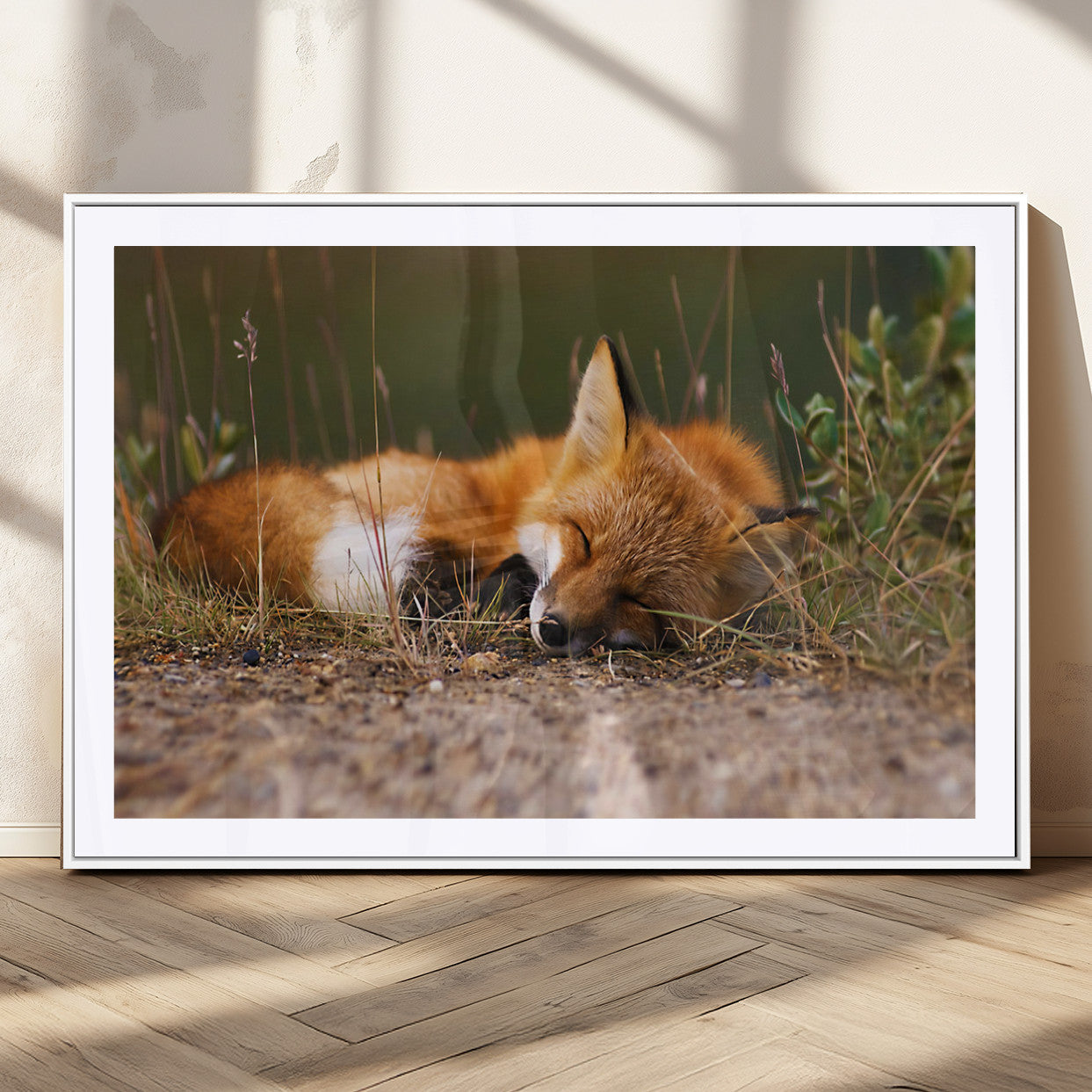 25085-MGV-CV-36X24-Sleeping Fox Wall Art Canvas Print, Framed Rustic Fox Art Picture Print, Wildlife Animal Perfect Rustic Farmhouse Decor Artwork