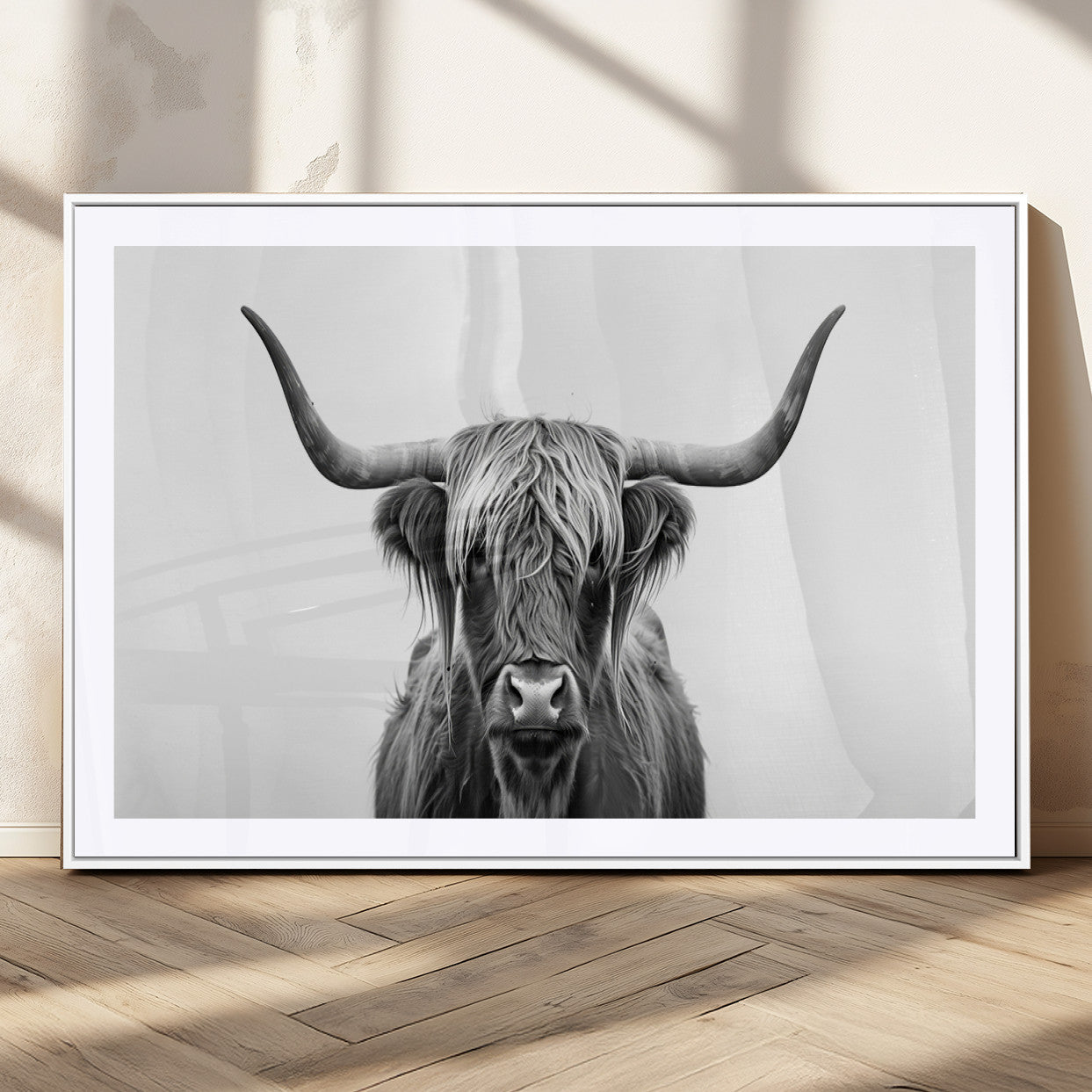 49556-MGV-CV-36X24-Highland Cow Wall Art – Black and White Scottish Highland Cattle Print, Rustic Farmhouse Minimalist Animal Portrait Canvas for