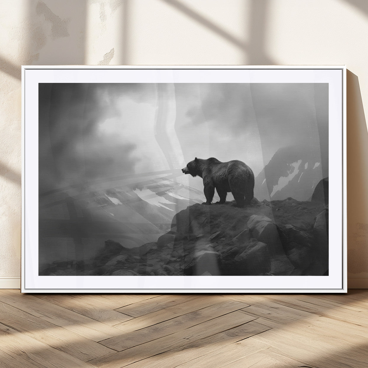 49504-MGV-CV-36X24-Black and White Grizzly Bear Wall Art – Wilderness Wildlife Painting, Rustic Mountain Cabin Decor, Monochrome Animal Print for