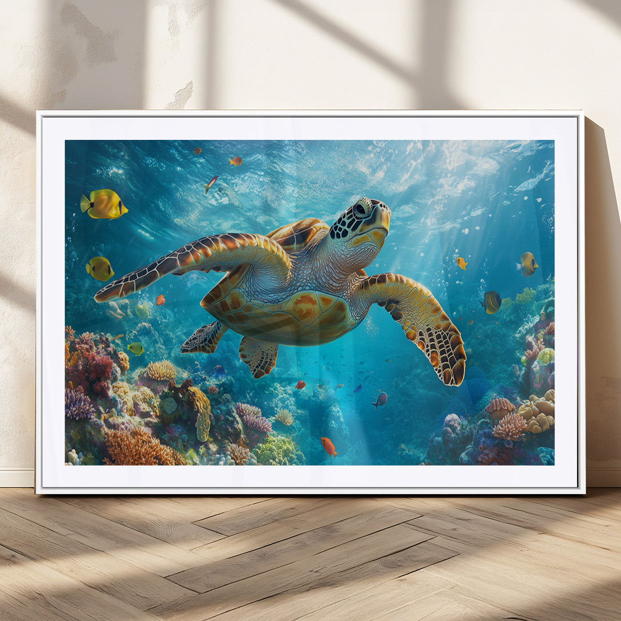 37623-MGC-FP-36x24_White-Sea Turtle Wall Art – Underwater Ocean Canvas Print with Coral Reef and Tropical Fish, Marine Life Painting Poster for Living
