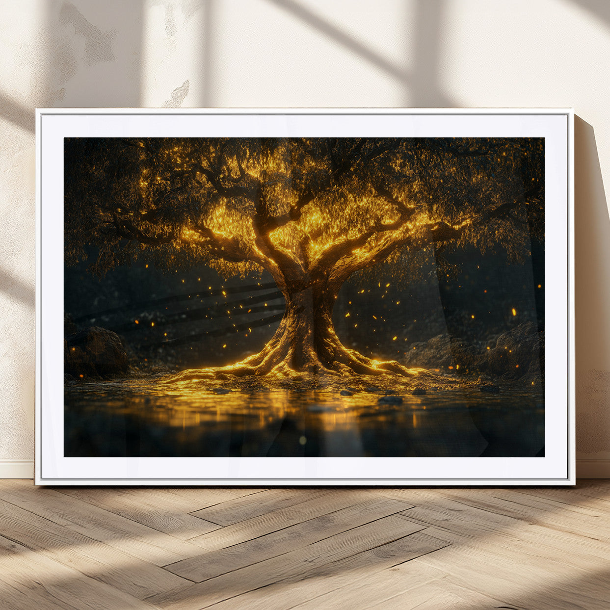 59580-MGC-FP-36x24_White-Glowing Tree Wall Art – Golden Fantasy Nature Canvas Print, Mystical Illuminated Tree Painting Poster for Living Room, Bedroom,