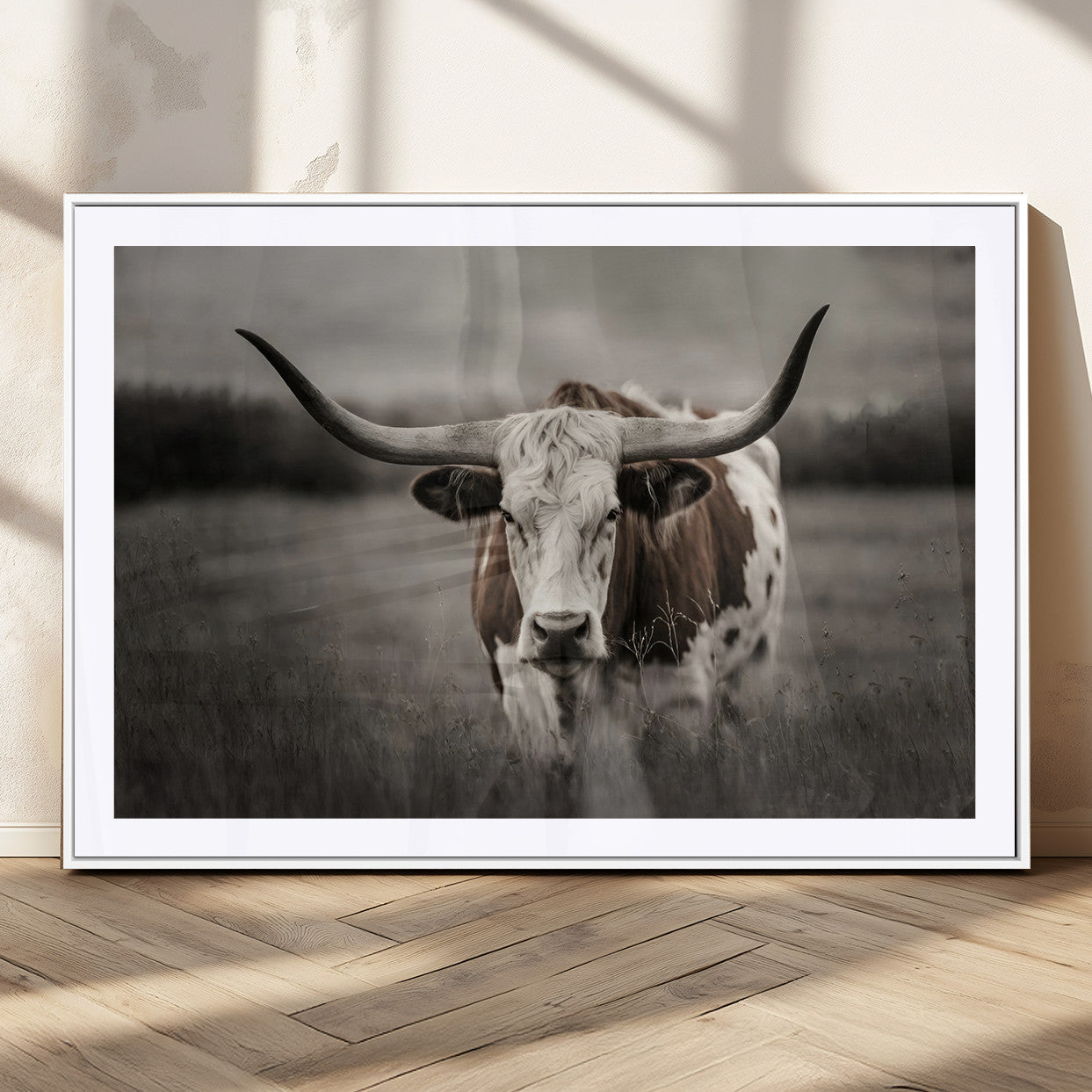 69238-MGC-FP-36x24_White-Longhorn Bull Wall Art – Rustic Black and White Texas Cattle Canvas Print, Western Farmhouse Animal Photography for Living Room,
