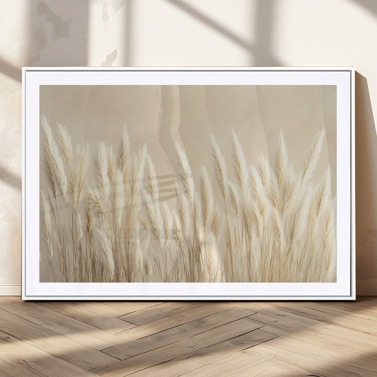 81444-MGC-FP-36x24_White-Pampas Grass Wall Art Canvas Print, Framed Beige Pampas Grass Art Picture Print, Minimalist Beige Perfect Minimalist Nature Decor