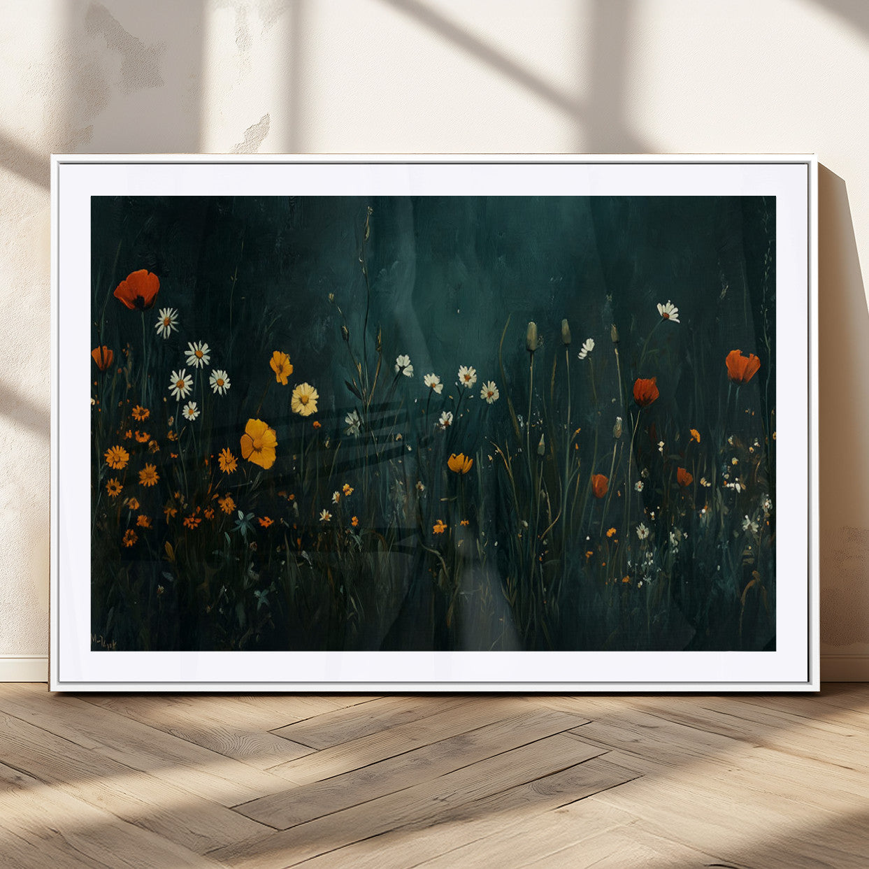87037-MGC-FP-36x24_White-Wildflower Wall Art – Dark Botanical Floral Canvas Print, Modern Nature Painting Poster with Daisies Poppies Orange Flowers for