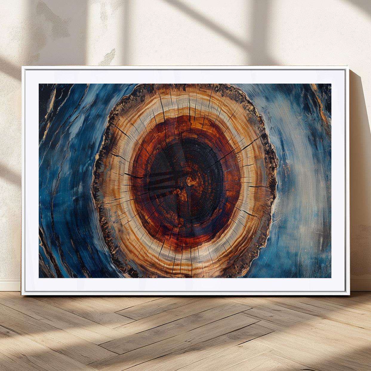 30457-MGC-FP-36x24_White-Tree Ring Abstract Wall Art – Blue and Brown Wood Grain Canvas Print, Modern Nature Inspired Painting for Rustic Living Room,