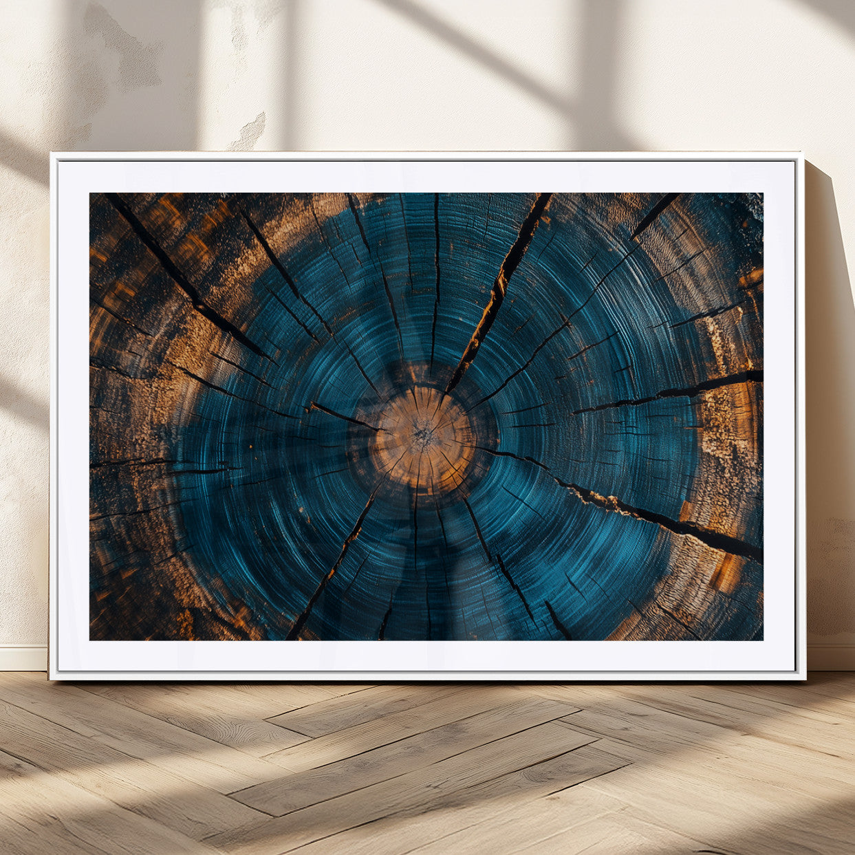 13398-MGV-CV-36X24-Tree Ring Wall Art – Abstract Wood Grain Canvas Print with Blue and Orange Accents, Rustic Nature Inspired Artwork for Living