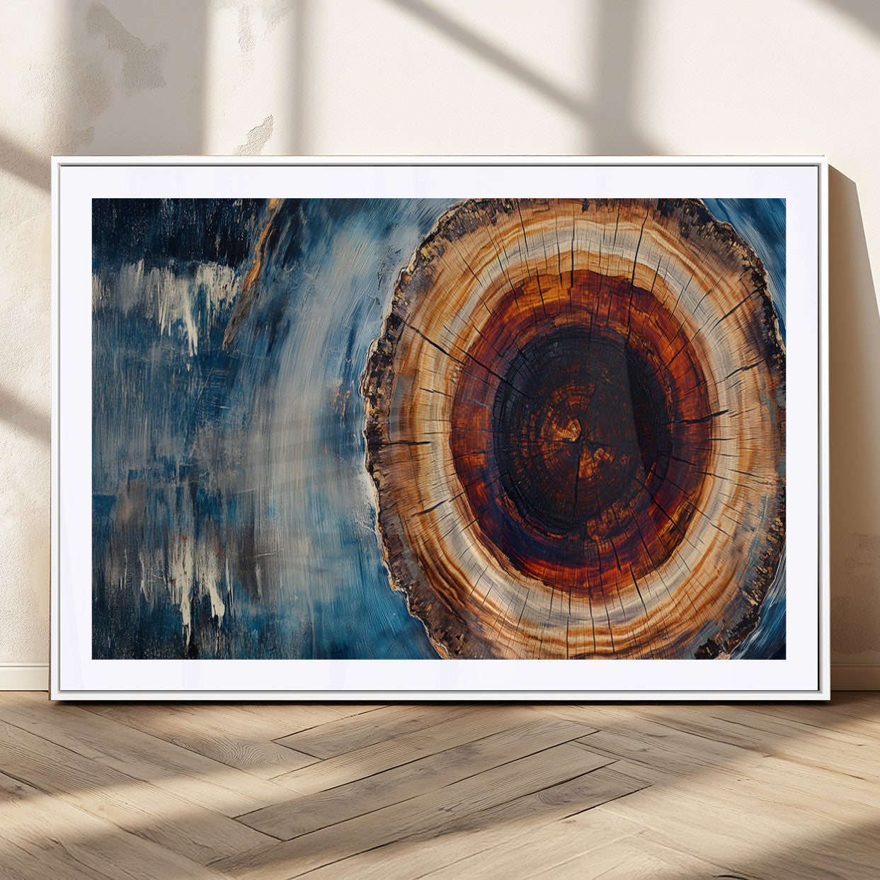 48045-MGC-FP-36x24_White-Tree Ring Abstract Wall Art – Rustic Wood Grain Canvas Print with Brown Center and Blue Brush Strokes, Nature Inspired Artwork for