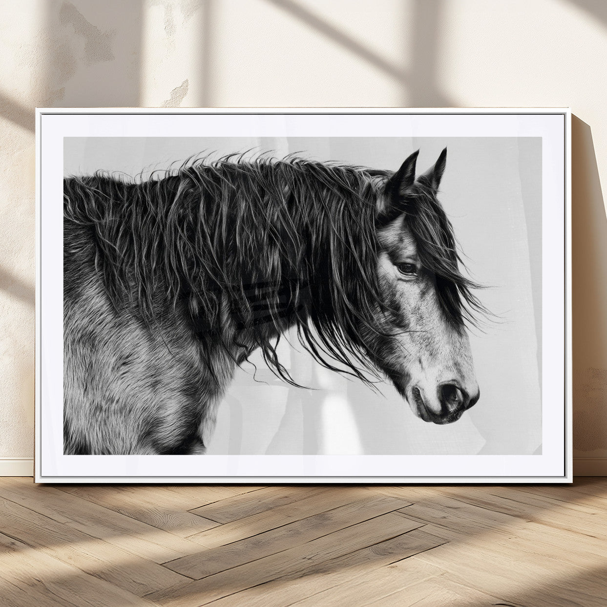 57694-MGC-FP-36x24_White-Horse Portrait Wall Art – Black and White Canvas Print with Detailed Stallion Profile, Rustic Farmhouse Equestrian Artwork for