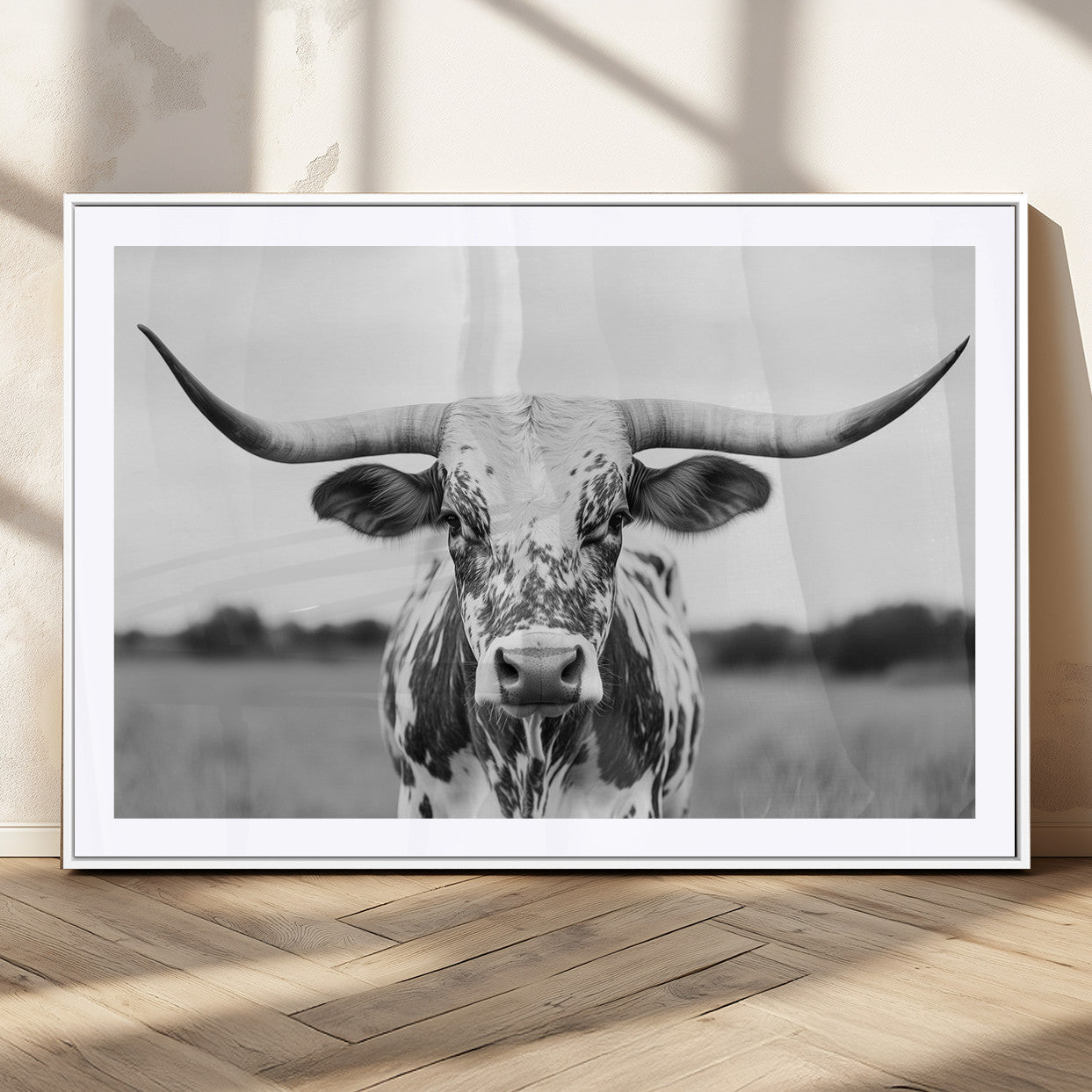 20272-MGC-FP-36x24_White-Texas Longhorn Wall Art – Black and White Cowboy Western Canvas Print, Rustic Farmhouse Cattle Photography Decor for Ranch, Barn