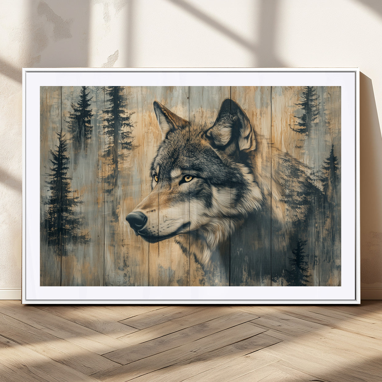 51892-MGV-CV-36X24-Wolf Wall Art – Rustic Canvas Print of Wolf with Forest Trees on Wood Texture, Wildlife Lodge Artwork for Living Room, Bedroom,
