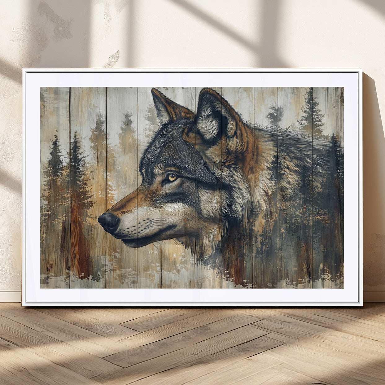 91882-MGC-FP-36x24_White-Wolf Wall Art – Rustic Canvas Print of Forest Wolf on Wood Background, Wildlife Lodge Artwork for Living Room, Bedroom, Cabin, or