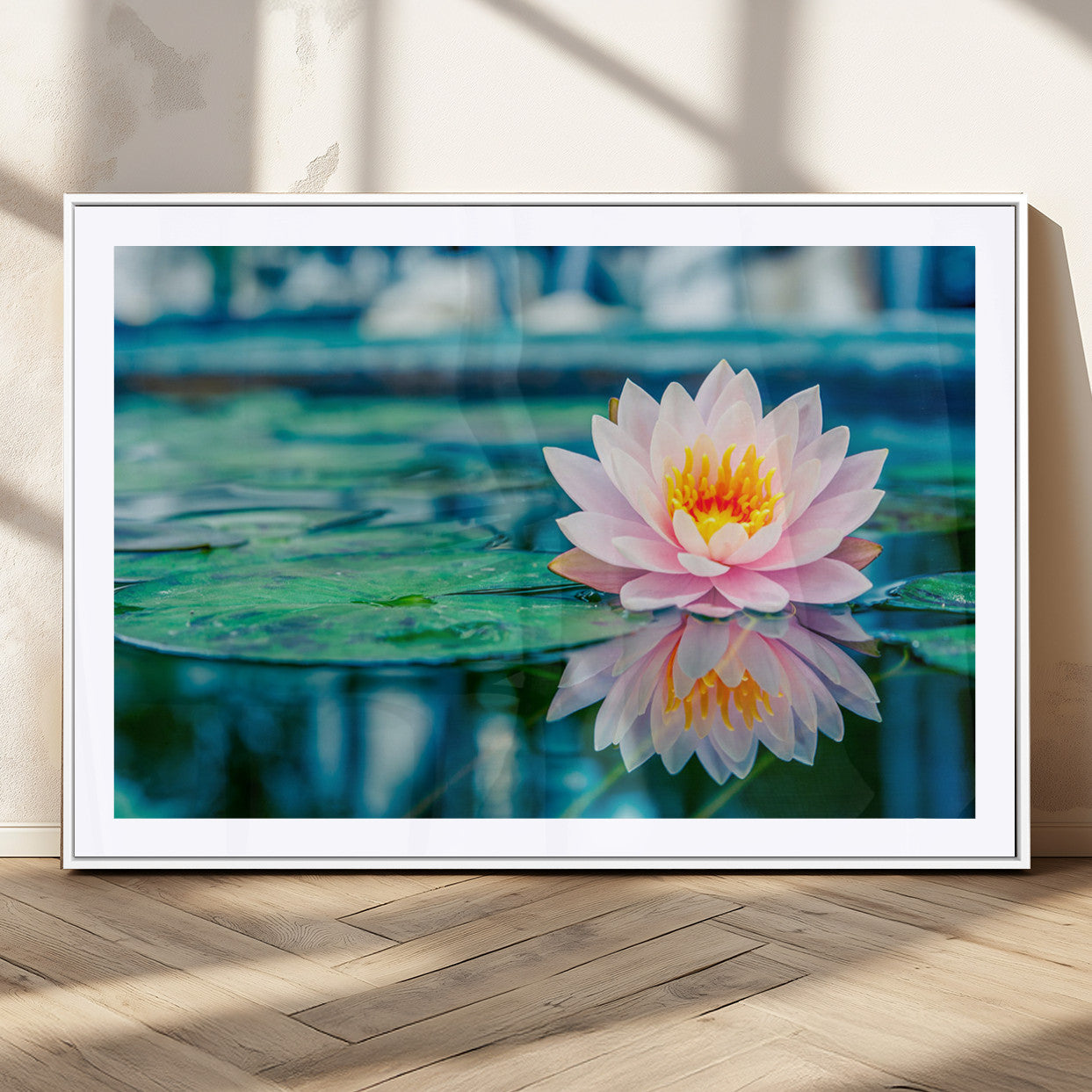 30320-MGC-FP-36x24_White-Pink Water Lily Wall Art – Lotus Flower Canvas Print with Reflection Water, Peaceful Botanical Artwork for Living Room, Bedroom,