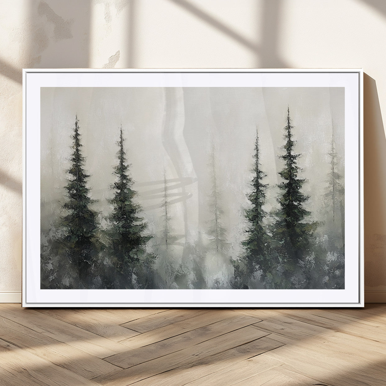 33241-MGC-FP-36x24_White-Misty Forest Wall Art Canvas Print, Framed Foggy Pines Art Picture Print, Forest Haze Perfect Rustic Minimalist Decor Artwork