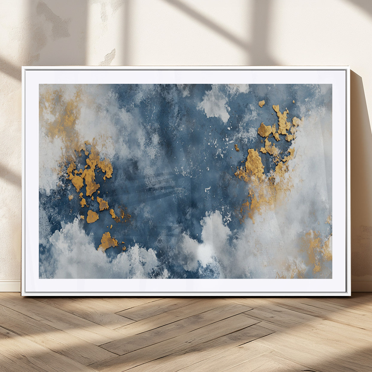 39575-MGC-FP-36x24_White-Blue and Gold Abstract Wall Art – Modern Canvas Print Featuring Cloudy Textures with Metallic Accents, Contemporary Artwork for