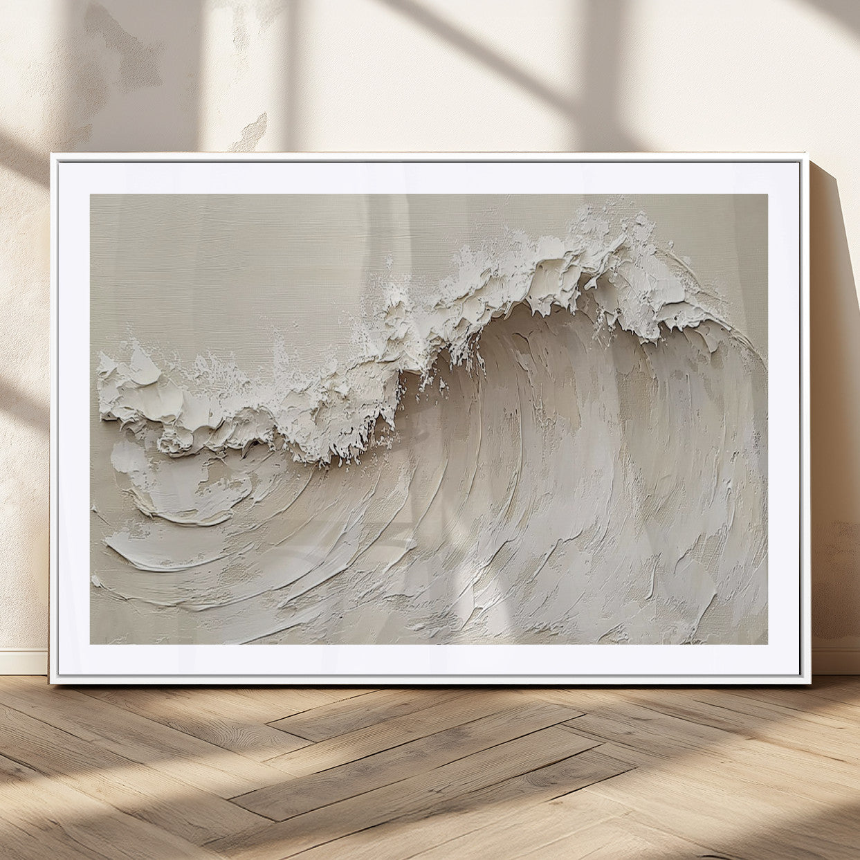 45175-MGC-FP-36x24_White-Textured Wave Wall Art Canvas Print, Framed Minimal Seascape Art Picture Print, Elegant Wave Perfect Modern Coastal Decor Artwork