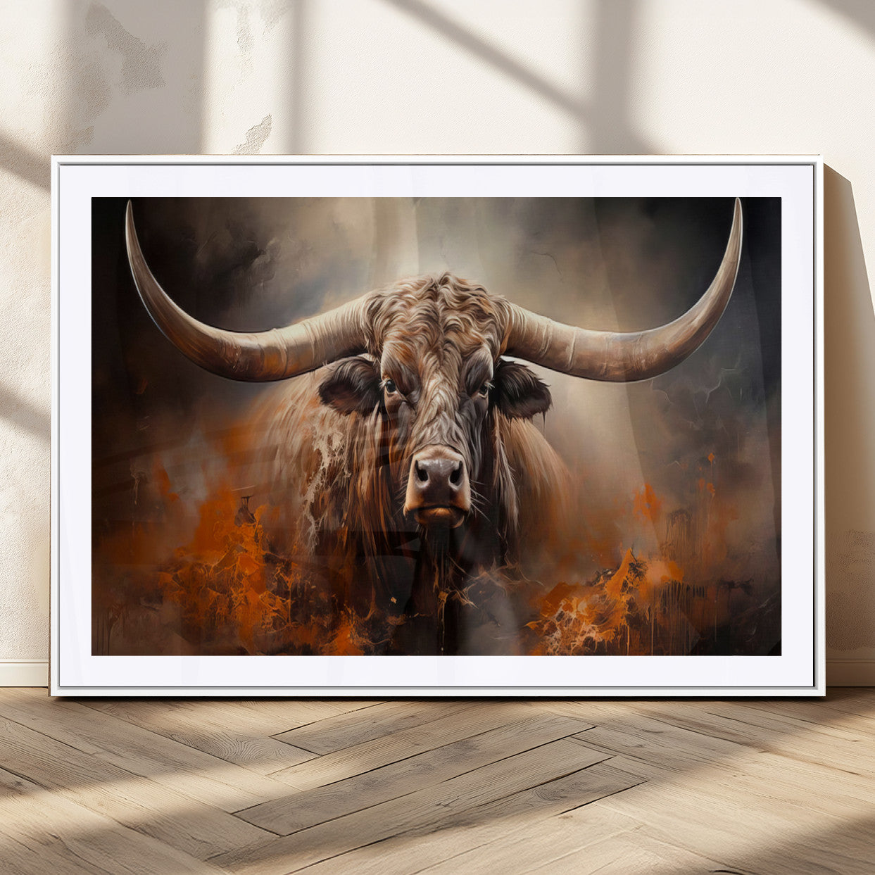 240479-MGC-FP-36x24_White-Longhorn Bull Wall Art – Dramatic Western Canvas Print Featuring Horned Bull with Fiery Background, Rustic Farmhouse Artwork for