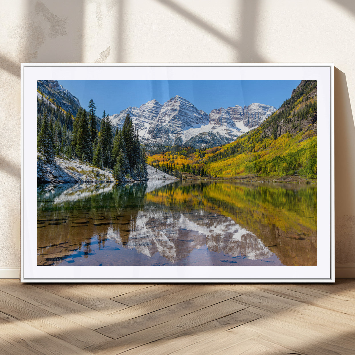 87724099-MGV-CV-36X24-Maroon Bells Wall Art Canvas Print, Framed Snowy Mountains Art Picture Print, Pine Forest Perfect Vibrant Alpine Decor Artwork