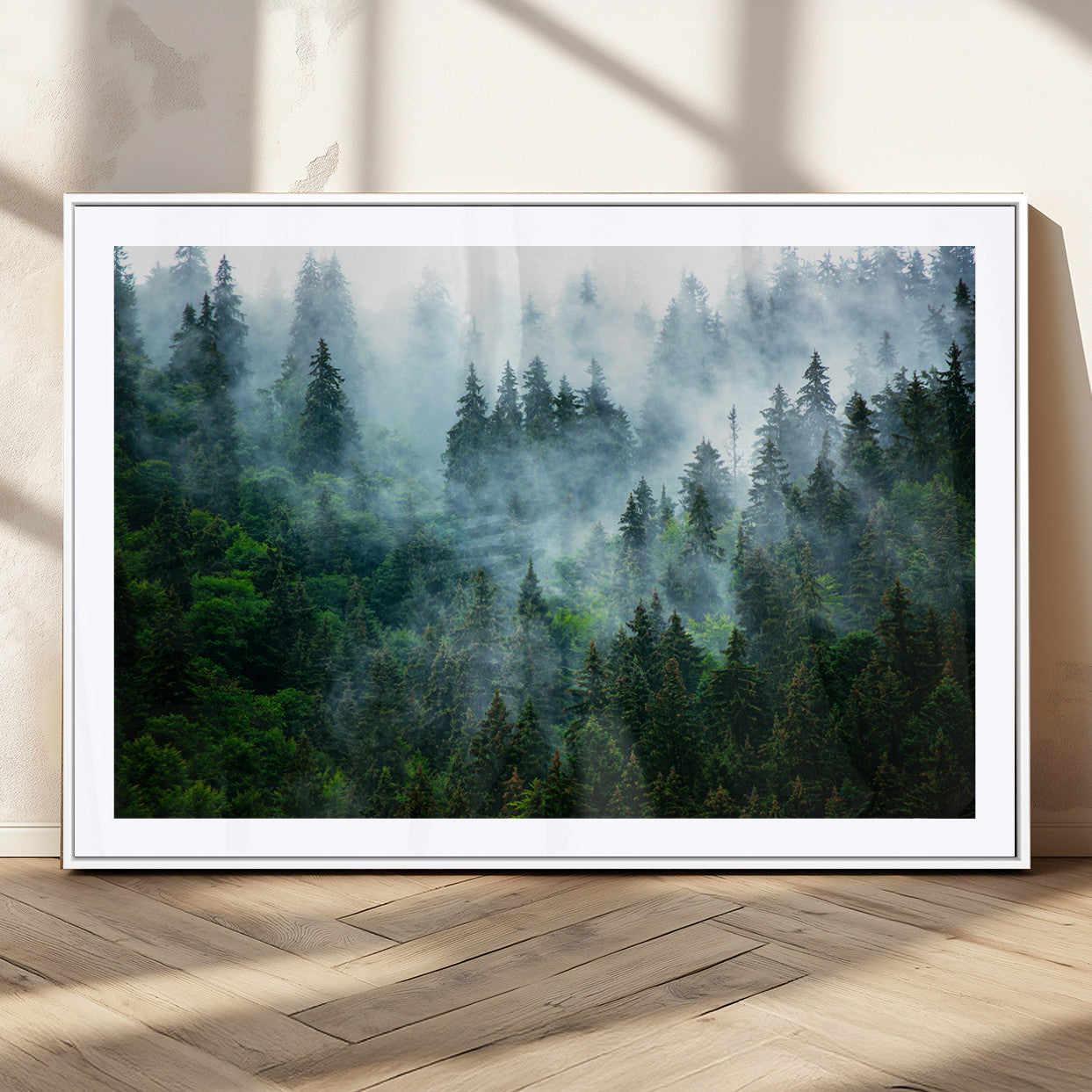 17393683-MGC-FP-36x24_White-Misty Forest Art Wall Art Canvas Print, Framed Foggy Mountain Art Art Picture Print, Scenic Wall Print Perfect Decor Artwork