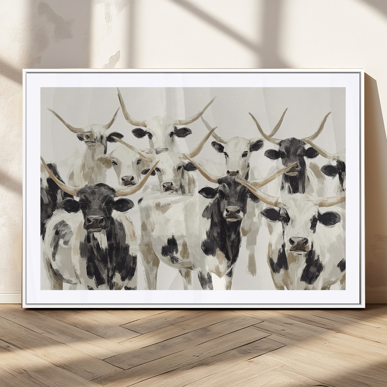 52947970-MGC-FP-36x24_White-Texas Longhorn Wall Art Canvas Print, Framed Cattle Herd Art Picture Print, Herd Portrait Perfect Modern Farmhouse Decor Artwork
