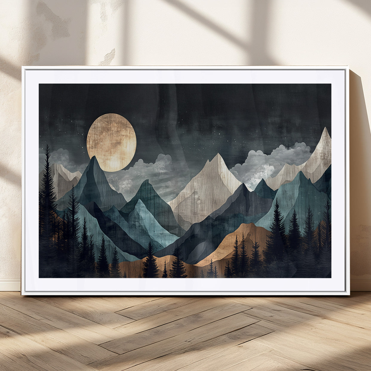 11060882-MGV-CV-36X24-Moonlit Mountains Wall Art Canvas Print, Framed Forest Silhouette Art Picture Print, Night Landscape Perfect Modern Forest Decor